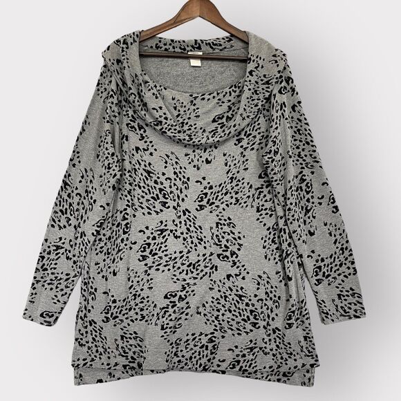 Chico's Zenergy Cozy Animal-Print Brushed Fleece Tunic Top Women Size 12/14 Gray - Picture 1 of 10
